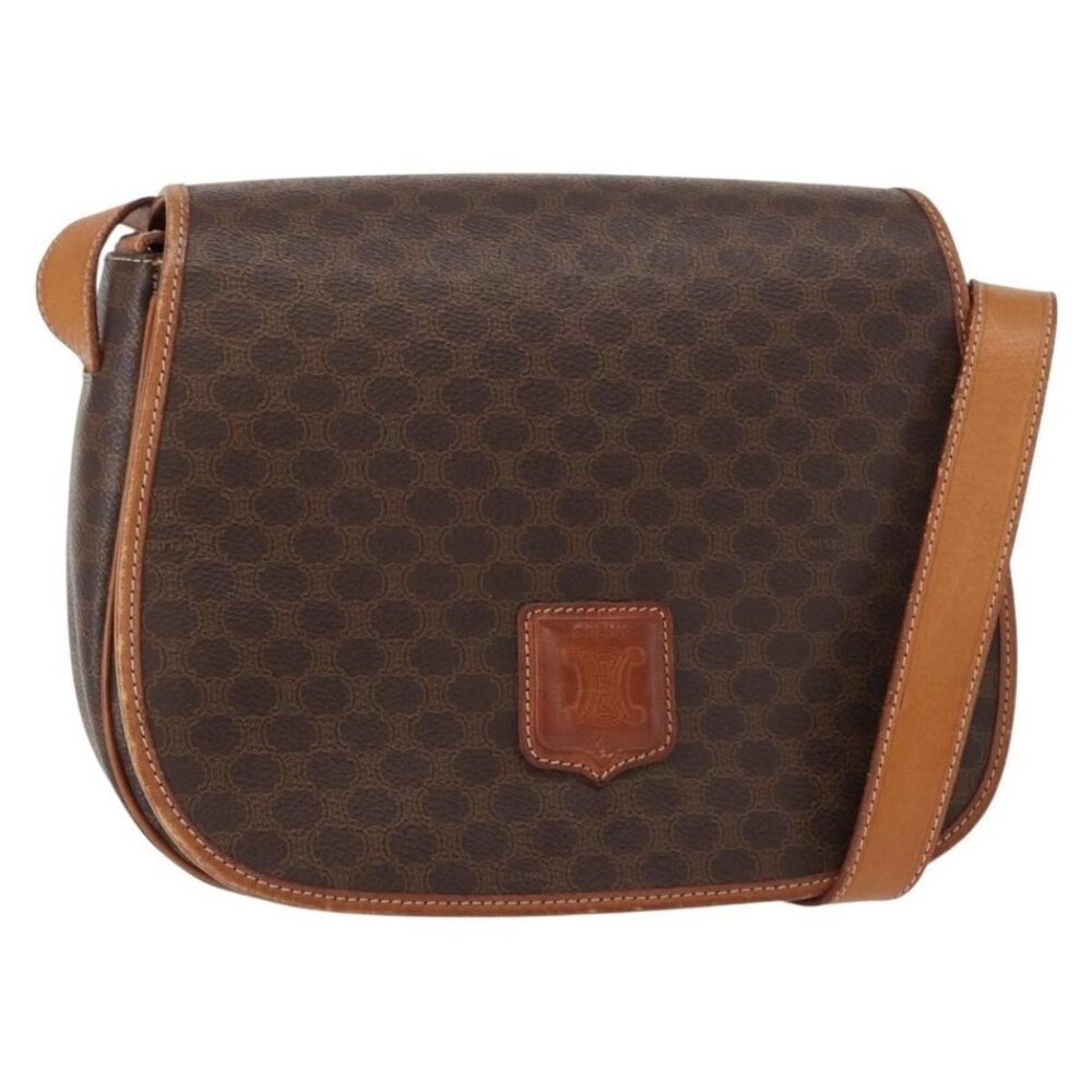 Authentic CELINE Macadam Canvas Shoulder Bag PVC Leather Brown Gold